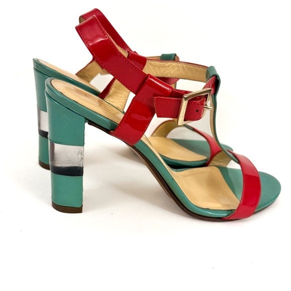 Unique, Beautiful, Kate Spade Red and Nile Green Acrylic Block Heel Sandals - Picture 3 of 9
